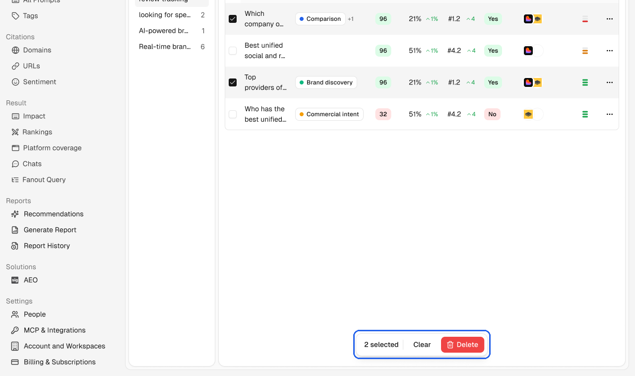 The bulk action bar with two prompts selected