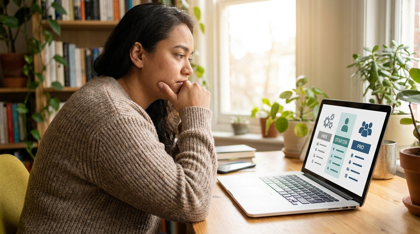 Person evaluating pricing plans for AI website builders, showing different free and paid tiers.