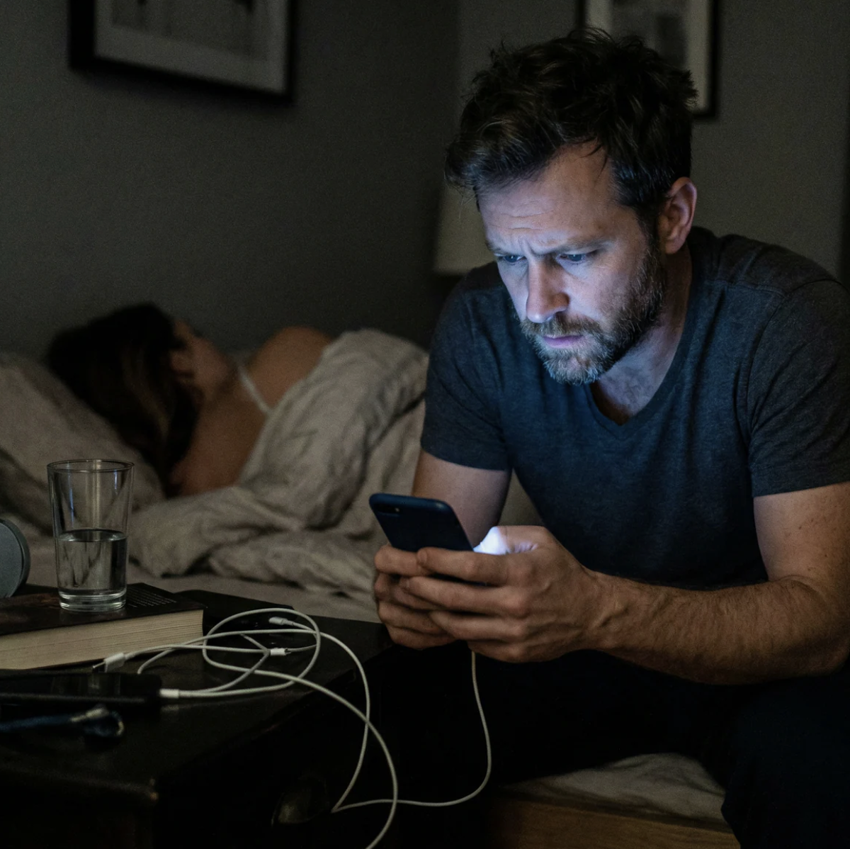 Man looking at his phone in bedroom