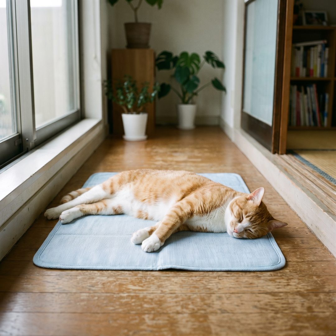 Chat étiré et endormi sur un tapis rafraîchissant