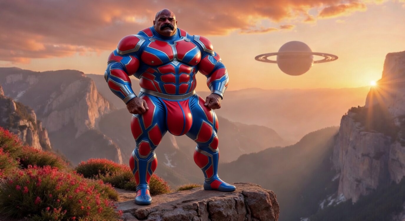 red-blue-silver exosuit / ringed planet sunset