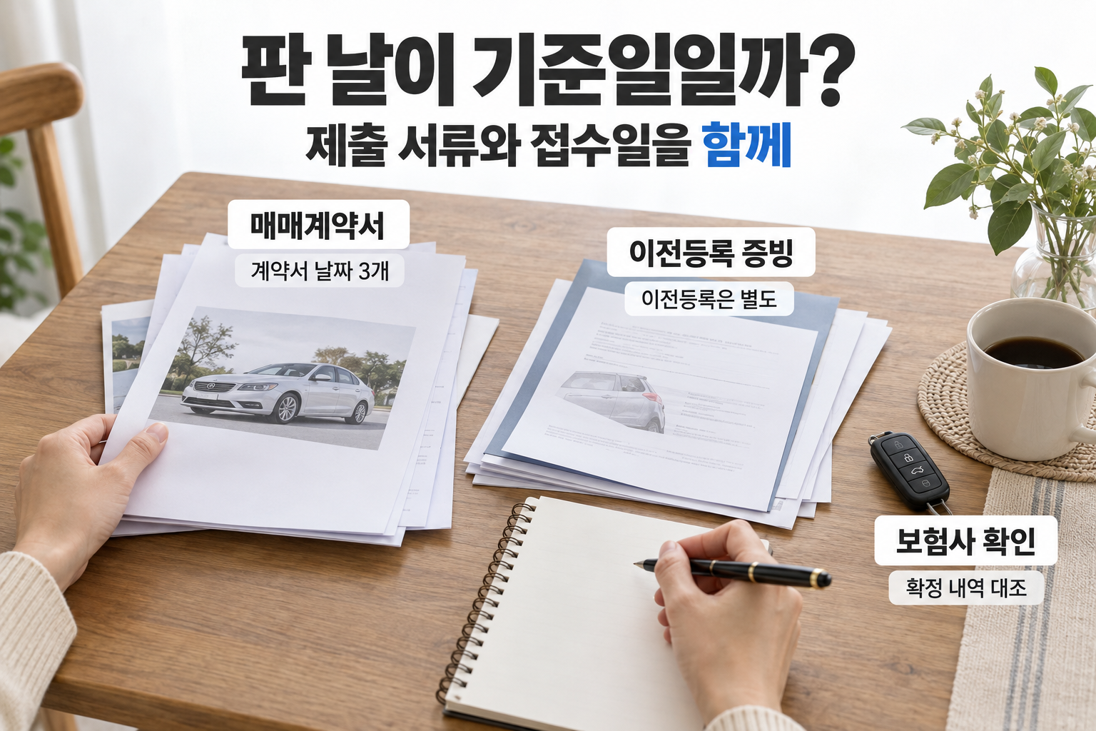 매매계약서와 이전등록 증빙을 나눠 보험 해지 기준일을 확인하는 장면