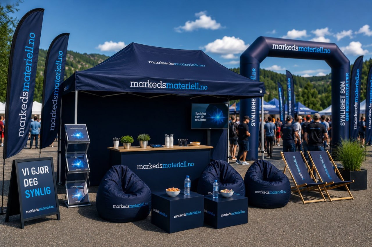 Markedsmateriell.no stand med vakker fjellbakgrunn på sommerarrangement