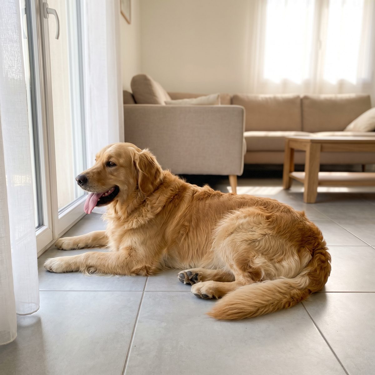 Chien qui halète sur le carrelage pendant la canicule
