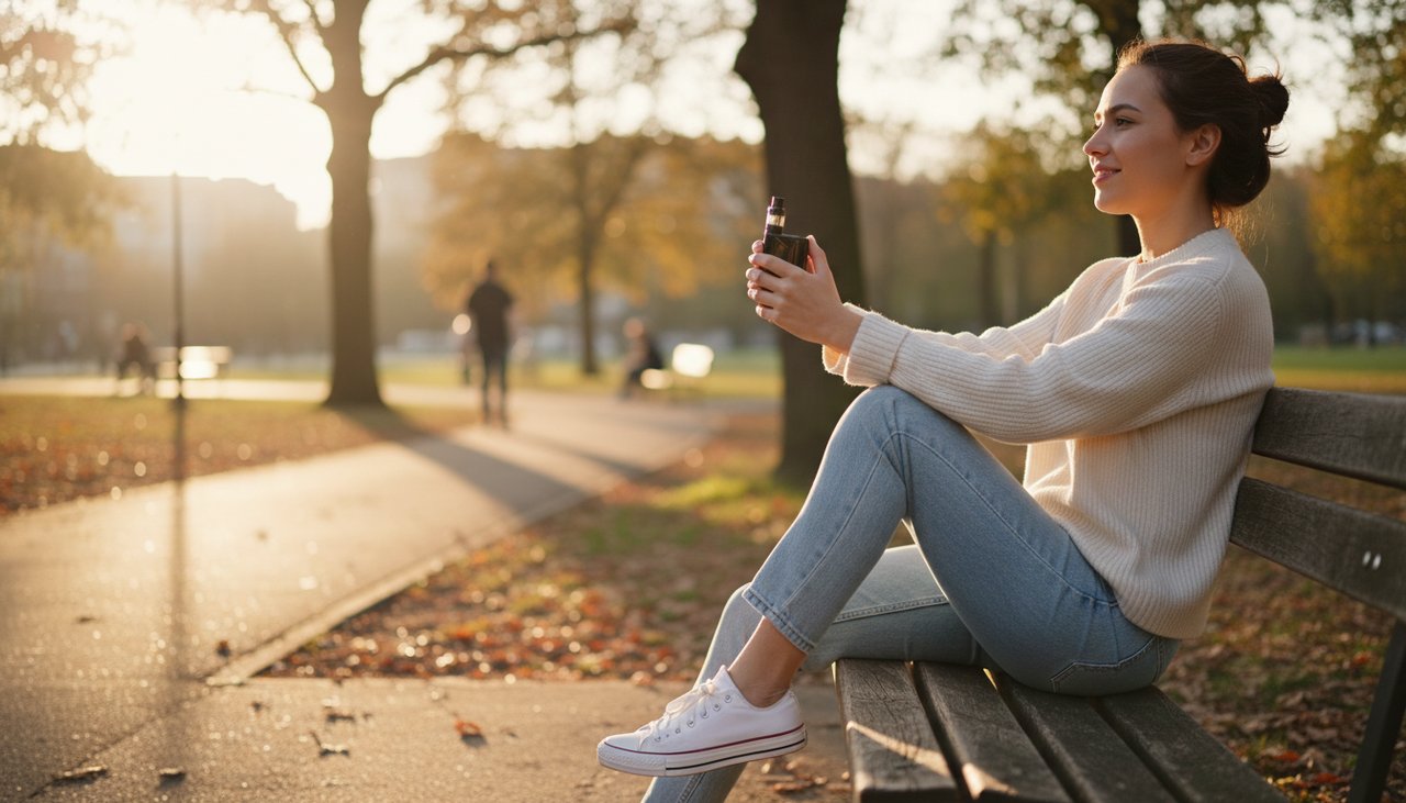 Jeune adulte vapoteur debutant utilisant une cigarette electronique en exterieur