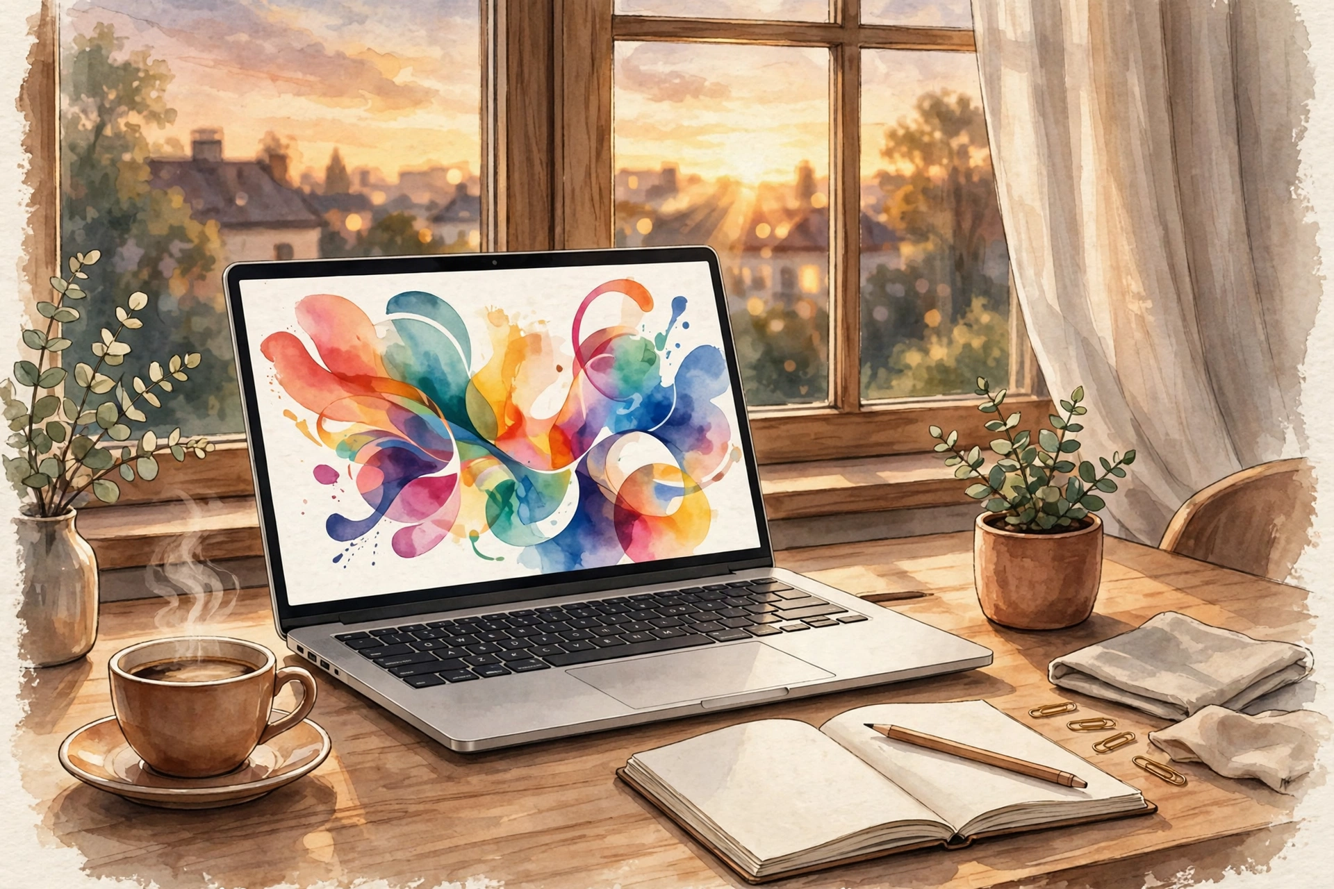 AI-generated illustration of a modern laptop workspace with a notebook computer on a desk