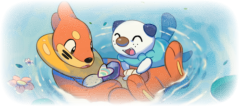 Fanart of Buizel and Oshawott holding rocks and heart scales while swimming. | ac waackery