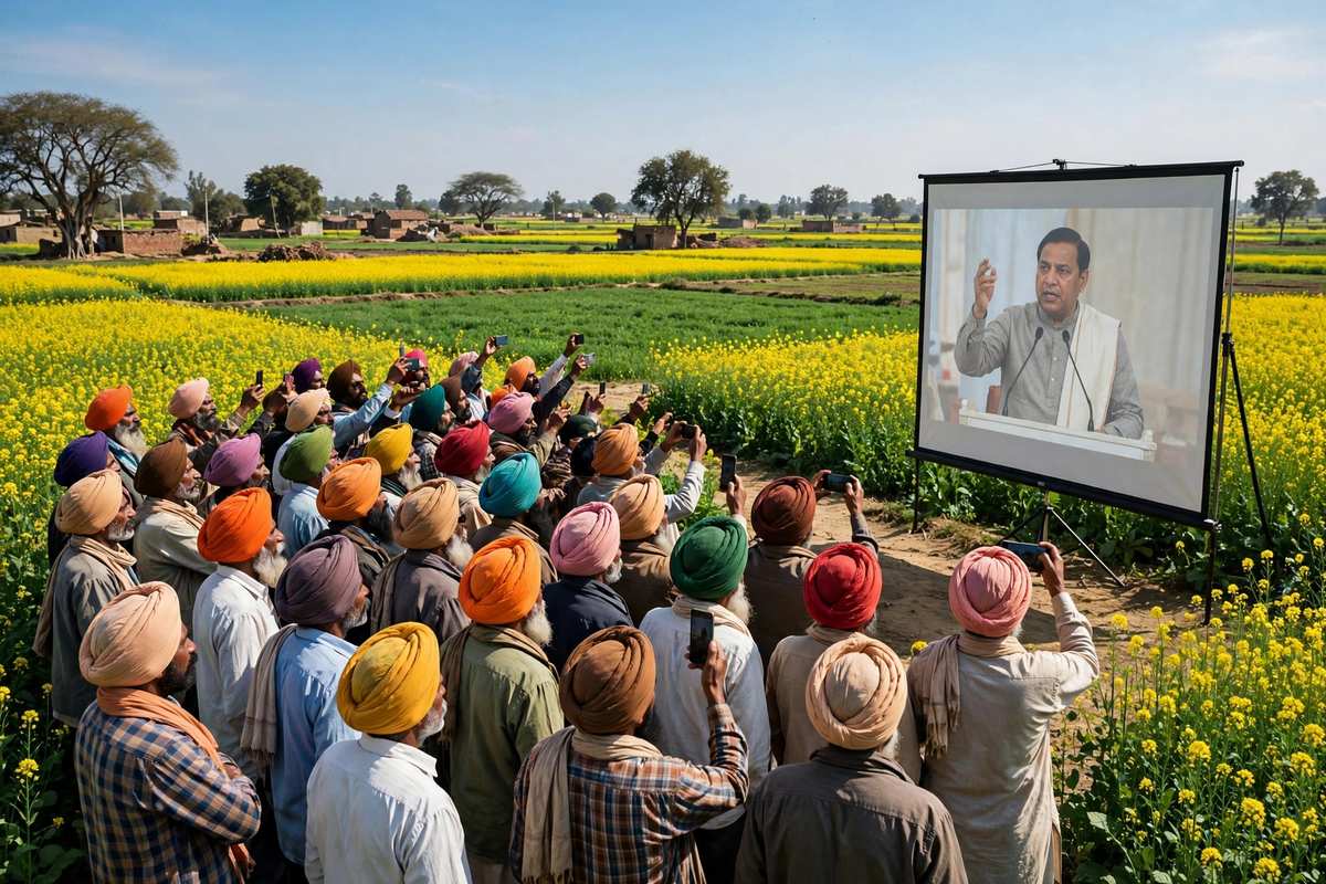गांव में खेत के पास किसान बड़े स्क्रीन पर प्रधानमंत्री के संबोधन का सीधा प्रसारण देख रहे हैं