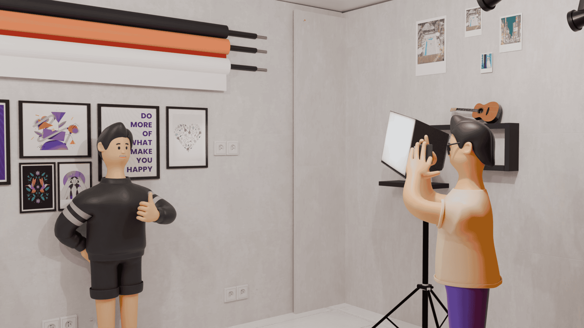 Scène 3D montrant l’équipe lors d’une séance photo