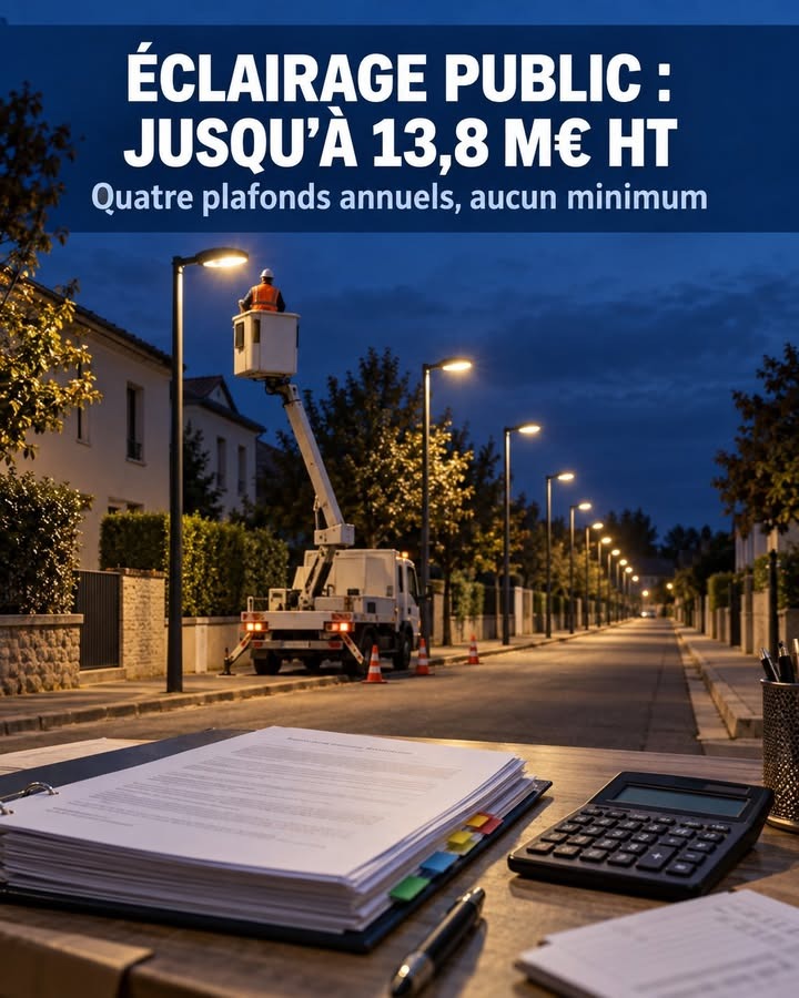 Un bureau avec calculatrice et documents au premier plan, derrière une rue illuminée où un camion élève un technicien vers un lampadaire.
