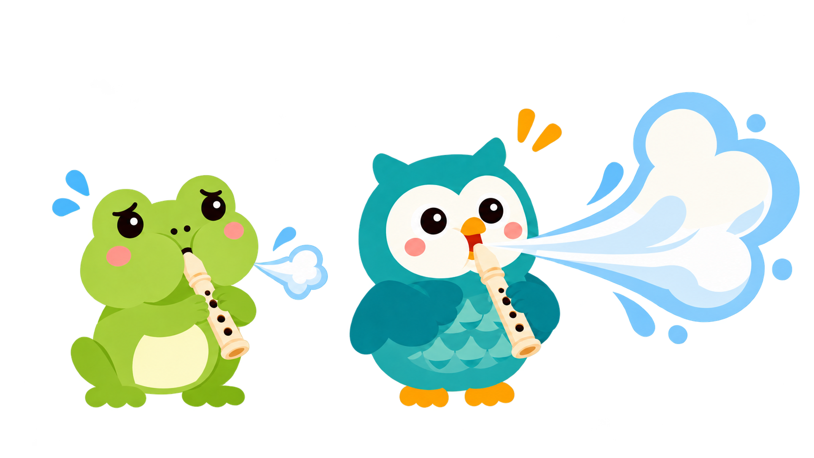 The frog's small puff falls short while the owl's big breath blows past