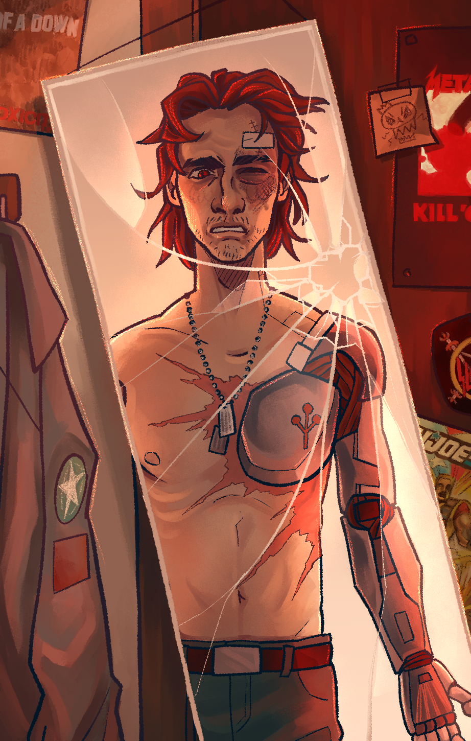 [IMAGE ID: A young Johnny Silverhand (about 19) staring in a crooked full body mirror that has been punched. He is staring at his metal arm in horror, particularly at his artificial pec which has been branded with the Arasaka Logo. The mirror is surrounded by his old patch jacket on a hook, a System of a Down poster, Metallica Poster, GI Joe Poster, and a cut out Slayer logo pinned to his door. He has a black eye, which is fusing his right eye mostly shut, and a still stitched up injury running up the right side of his forehead. His chest is covered in scars.]