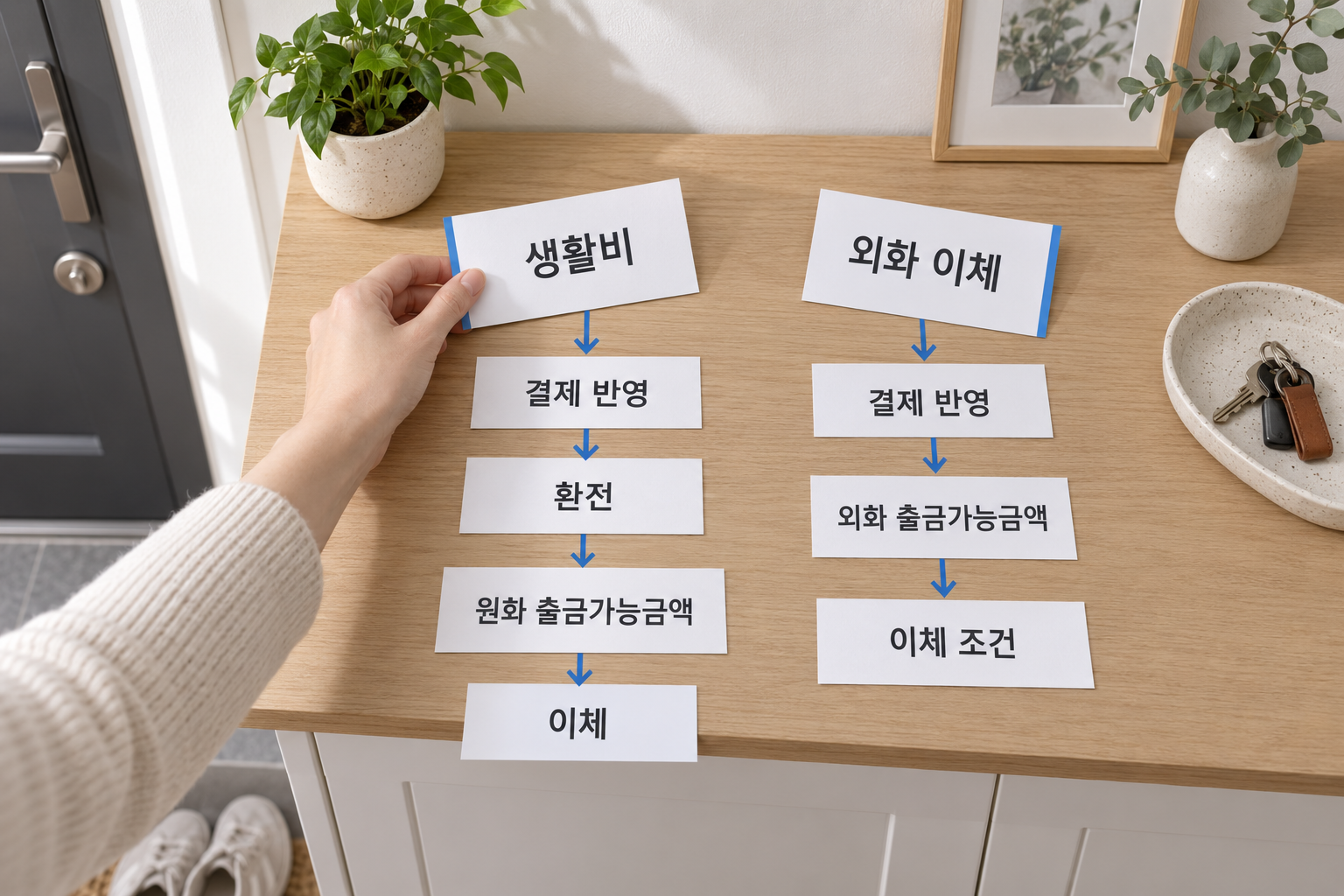 원화 환전 후 출금과 달러 자체 이체의 확인 경로를 나눈 설명 장면