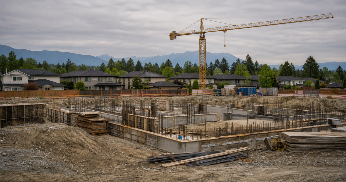 Shovel-ready construction at the edge of an established Metro Vancouver neighbourhood — the visual language of the Build Communities Strong Fund's DC-relief program in action