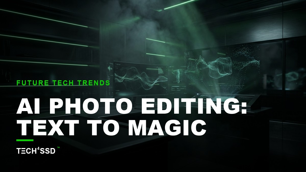 Futuristic digital workspace with a glowing, holographic interface showing an image being transformed by text commands, with subtle AI-generated elements appearing, for AI photo editing.