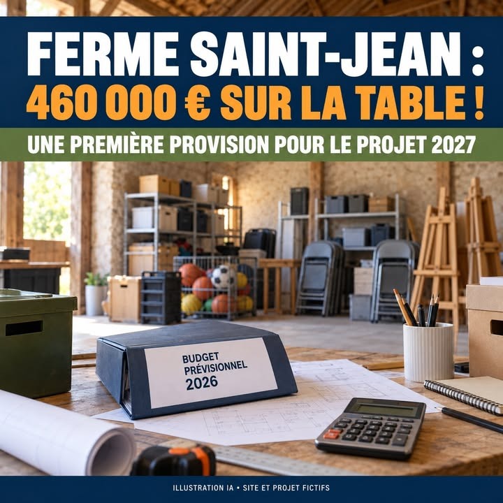 Un bureau en bois avec un classeur budgétaire, une calculatrice, des papiers et un pot à stylos, devant des étagères et des chaises pliantes.