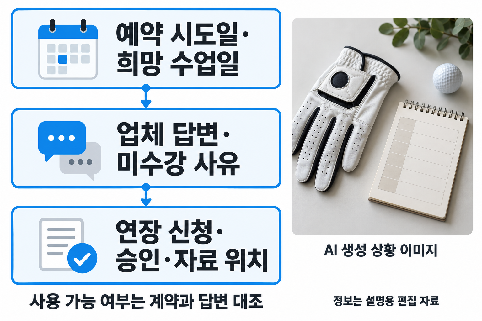 예약·연장 기록 준비 내용을 세 큰 그룹: 예약 시도일·희망 수업일 / 업체 답변·미수강 사유 / 연장 신청·승인·자료 위치. 옆에 장갑과 모형 일정 메모 사진. 작은 세 개 반복 양식 대신 큰 항목으로. 사용 가능 여부는 계약과 답변 대조라고 표시.