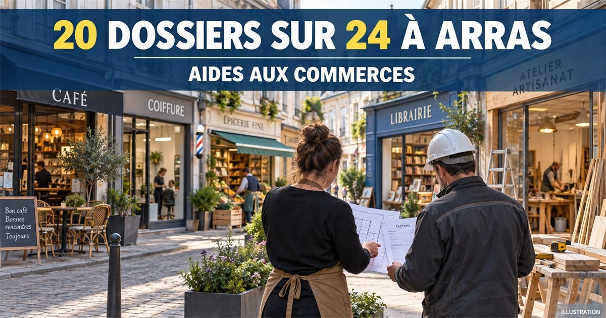 Deux personnes regardent un plan dans une rue commerçante avec des boutiques de café, coiffure, épicerie et librairie.