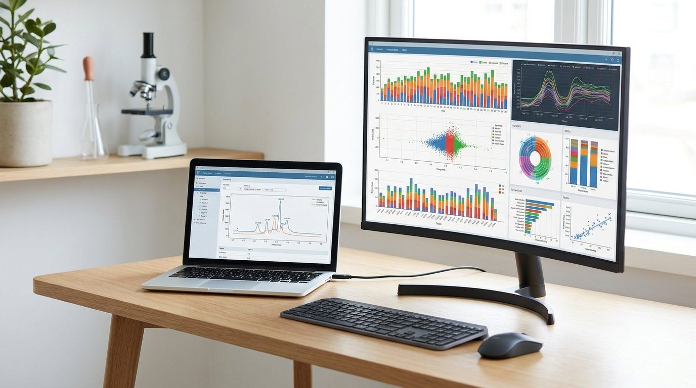 A modern desk setup showing Claude Science running locally on a laptop, demonstrating its flexible accessibility for researchers.
