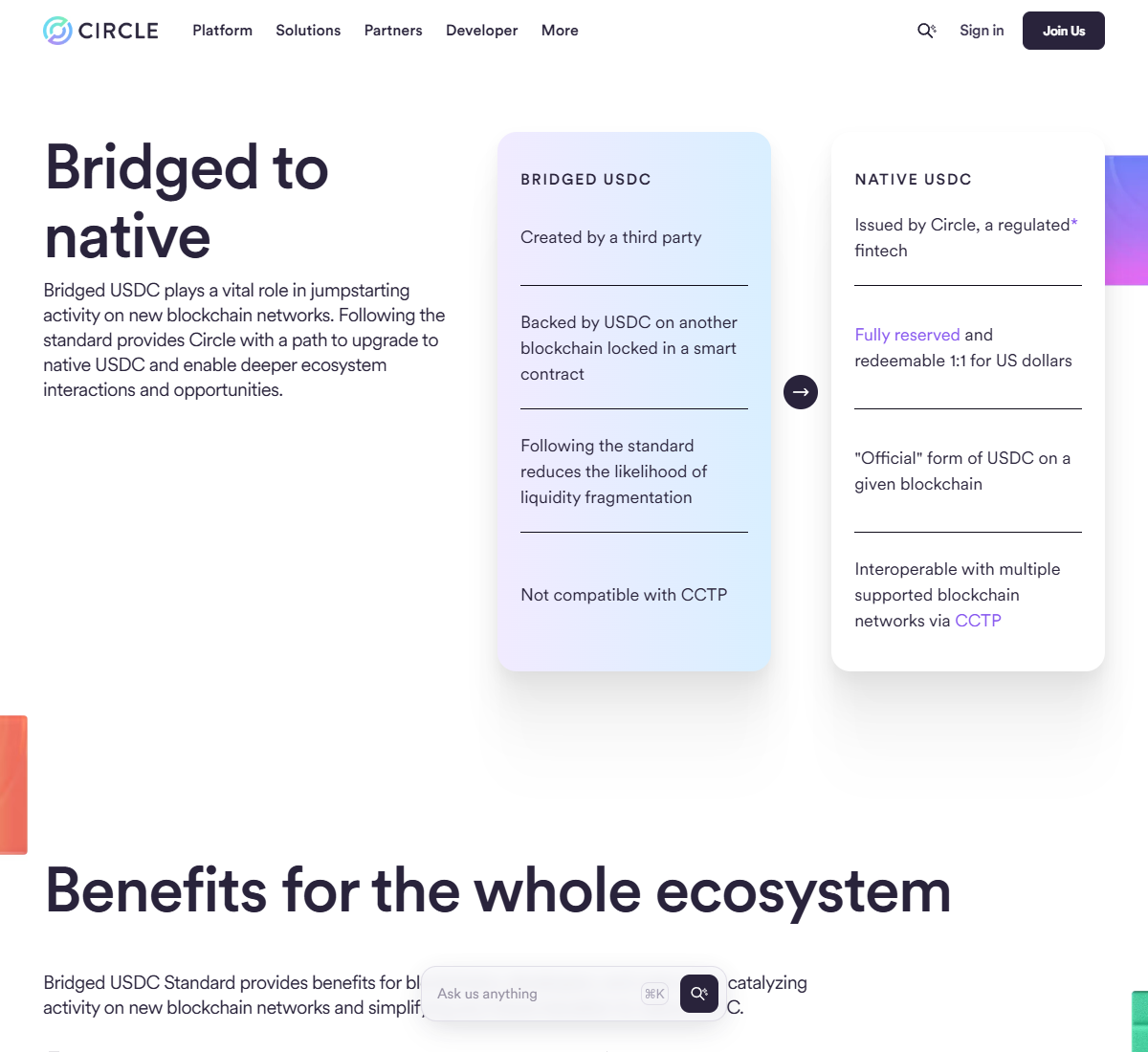 Circle 공식 자료의 브리지 USDC와 네이티브 USDC 발행 구조 비교