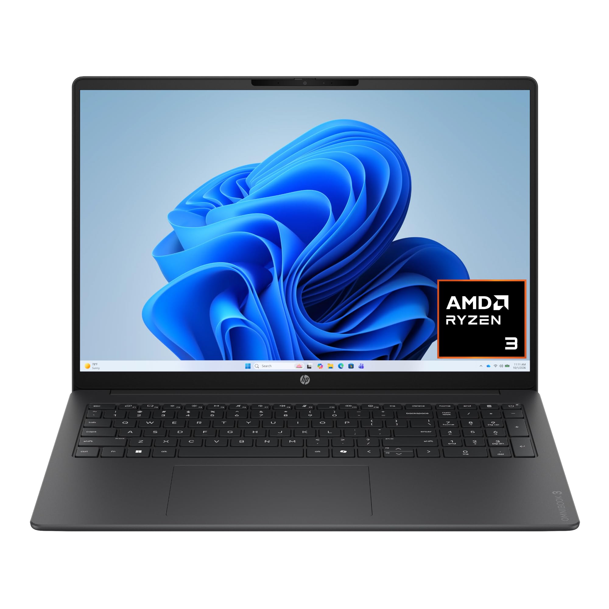 HP OmniBook 3 16 inch Laptop PC, 2K Touchscreen, AMD Ryzen 3 30, 8 GB RAM, 256 GB SSD, AMD Radeon 610M GPU, Windows 11 Home, Mica Silver, 16-by0199nr