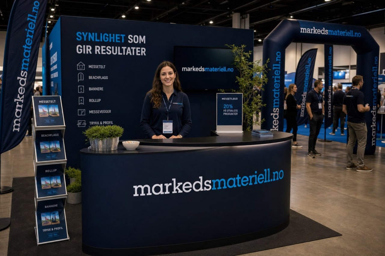 Markedsmateriell.no komplett innendørs messestand med personale