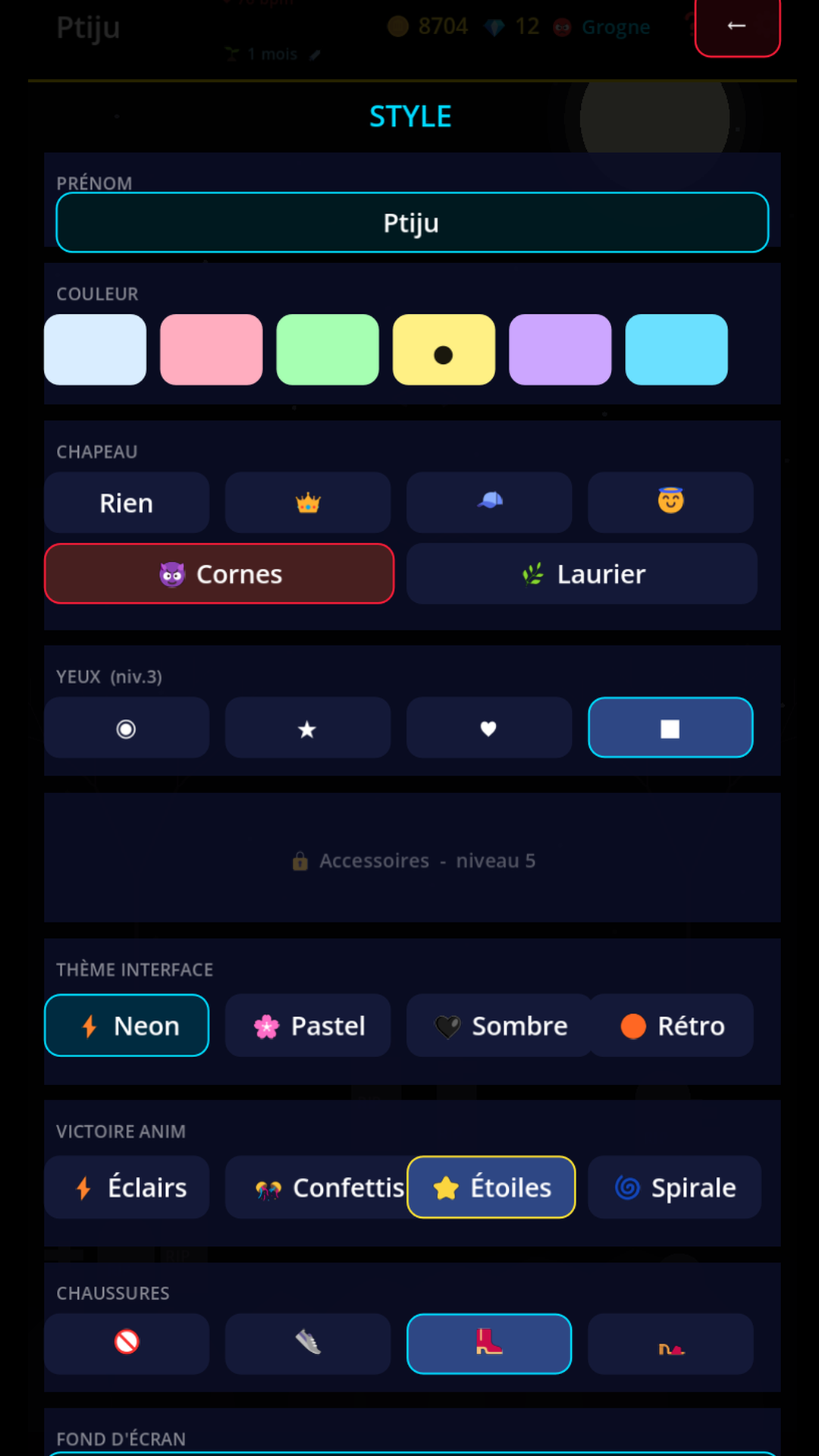 The wardrobe : colors, hats, themes and animated backgrounds