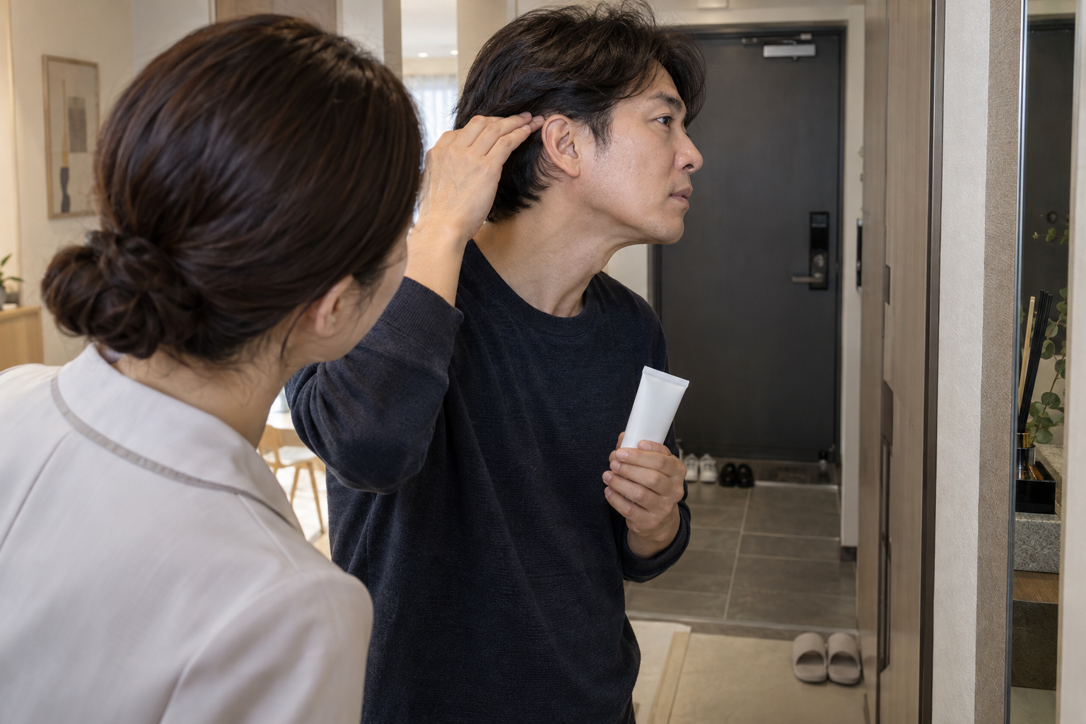 거울로 얼굴 가장자리와 노출된 귀·목을 확인하는 설명용 생활 장면