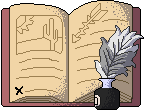 Picture of a open book done in pixel art style, on the two pages showing is one of a simple landscape with a cactus with writing, and the other the shape of the twisted arrow currently being used as a back button. By the book is a ink well with a fluffy grey, and white feather in it ready for anybody to sign on the left page with has the words ' sign ' on it.