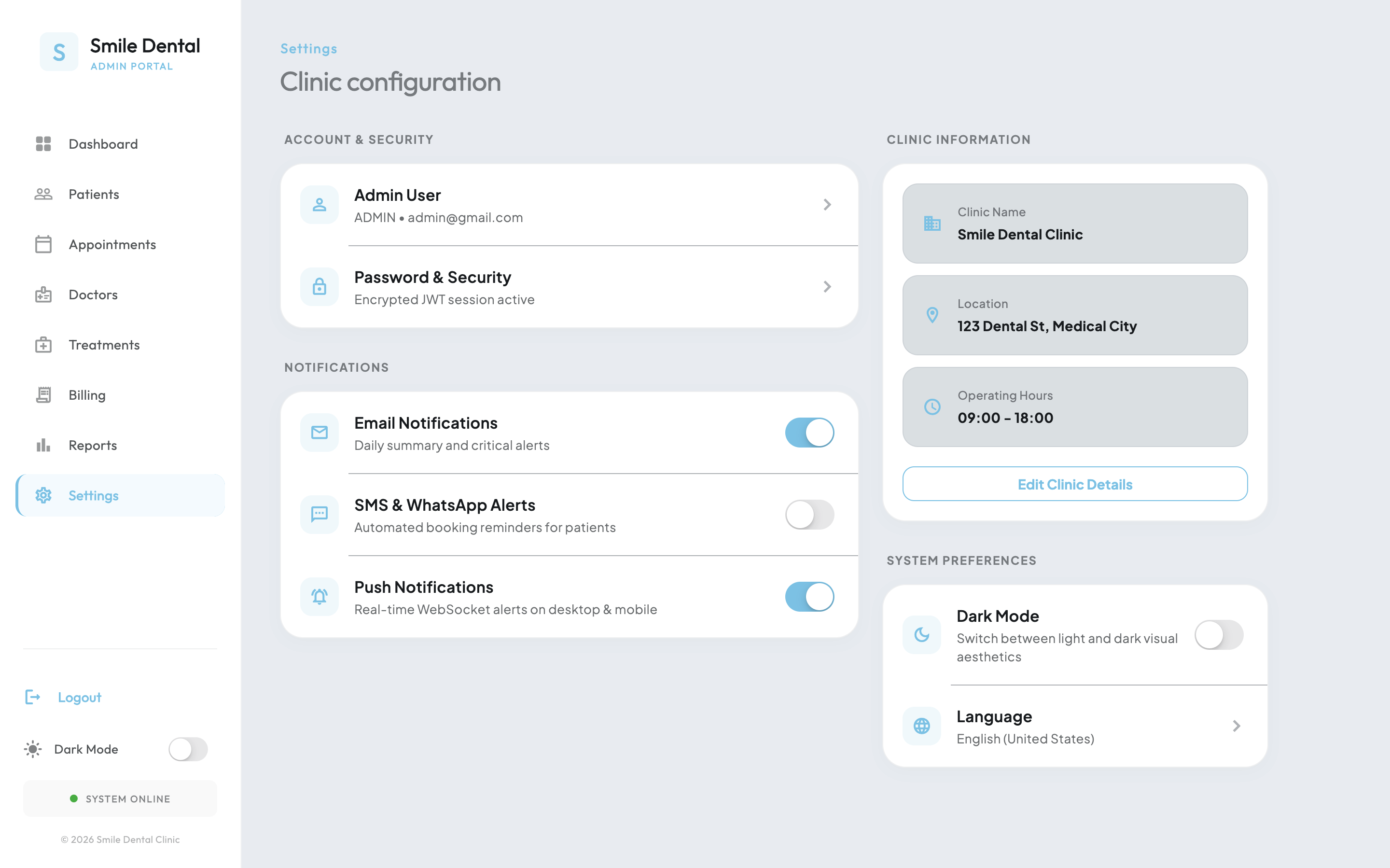 Admin Panel Clinic Settings Twilio SMS and Google Calendar Sync