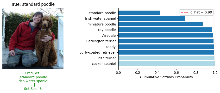 An example prediction set construction for RAPS. The prediction on the left (correct in green, incorrect in red) and how the prediction set was constructed on the right (included in the set in dark blue, excluded from the set in light blue).