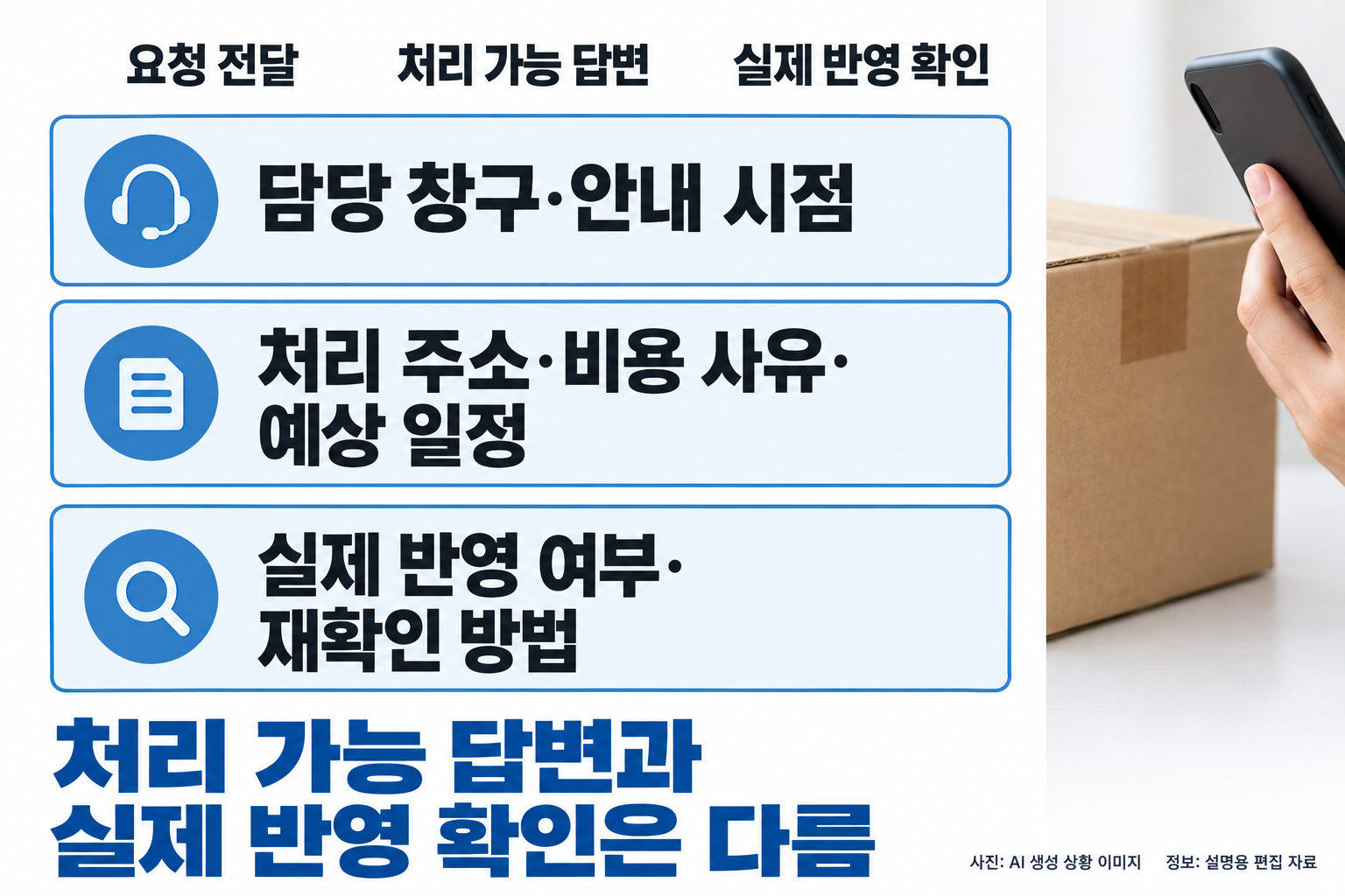 주소 변경 문의 뒤 남길 기록을 세 큰 그룹: 담당 창구·안내 시점 / 처리 주소·비용 사유·예상 일정 / 실제 반영 여부·재확인 방법. 작은 빈 양식과 화살표를 없애고 상자와 전화하는 손을 측면 크롭. 처리 가능 답변과 실제 반영 확인은 다름을 하단 크게.