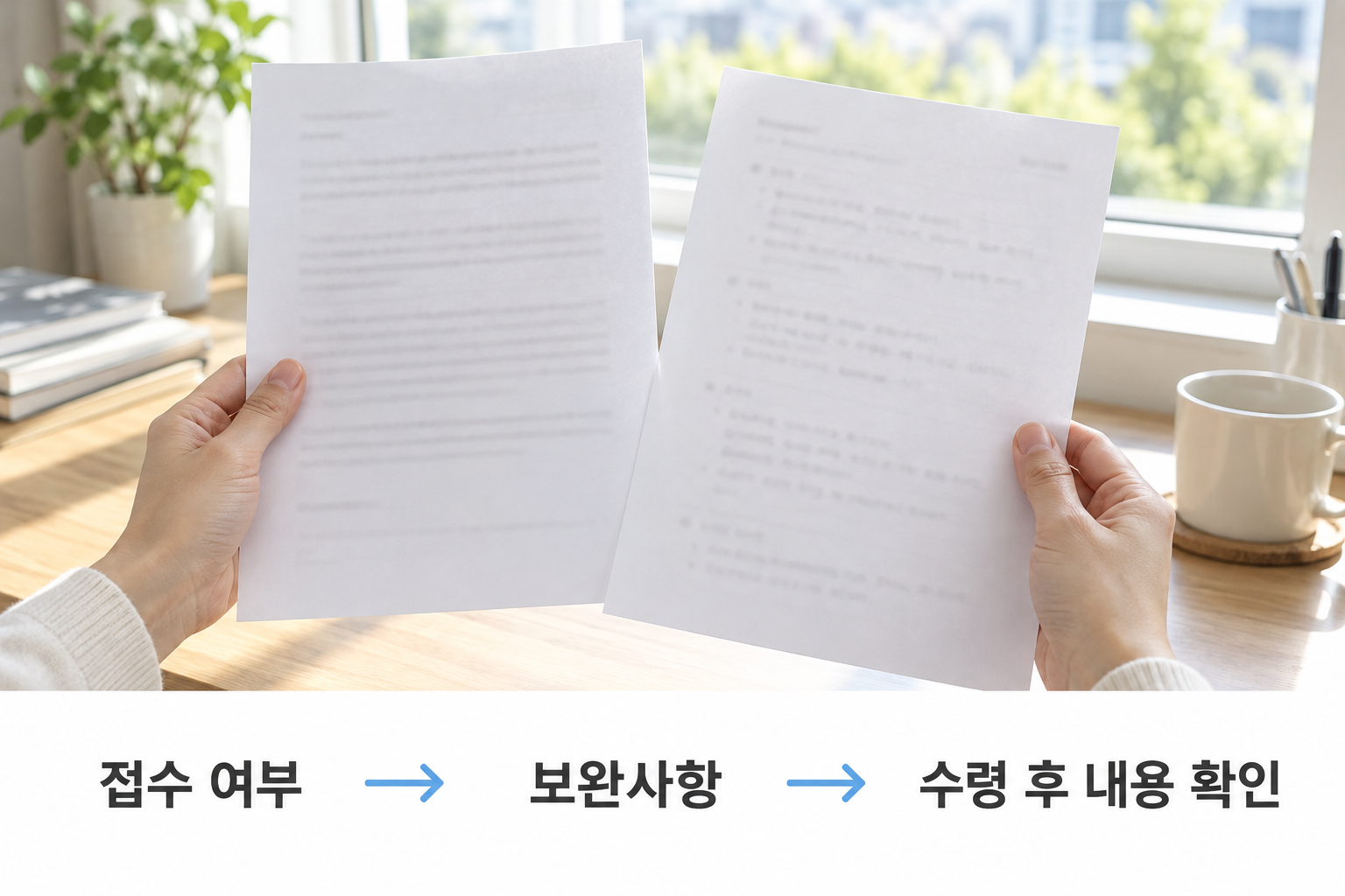 접수 여부와 보완사항을 확인하고 수령 문서의 내용을 대조하는 설명 장면