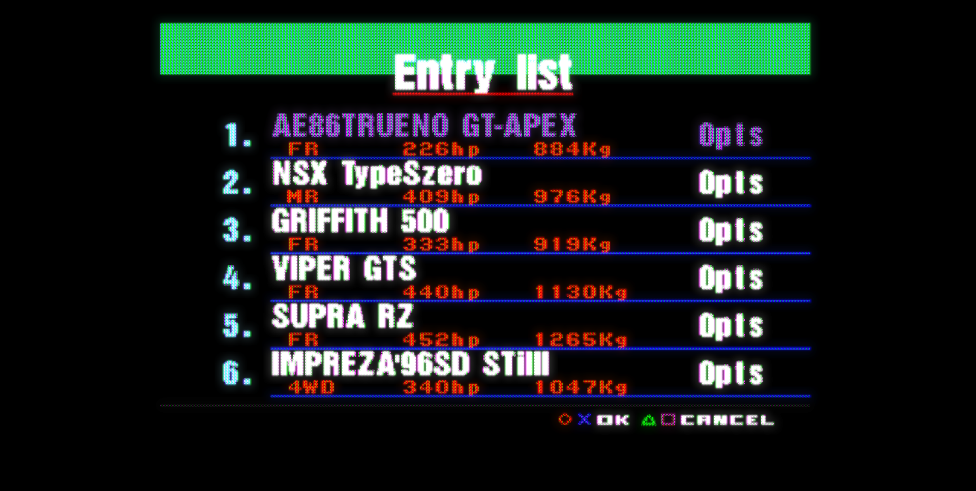 Entry list: Toyota Sprinter Trueno, Honda NSX, TVR Griffith, Dodge Viper, Toyota Supra, Subaru Impreza