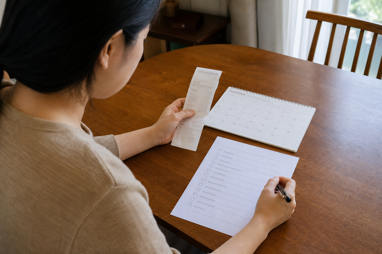 결제 영수증과 달력, 취소 체크리스트로 구독 결제처와 다음 결제일을 확인하는 장면