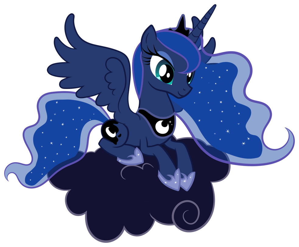 princess luna from my little pony: friendship is magic, laying on a dark stormcloud, but smiling kindly