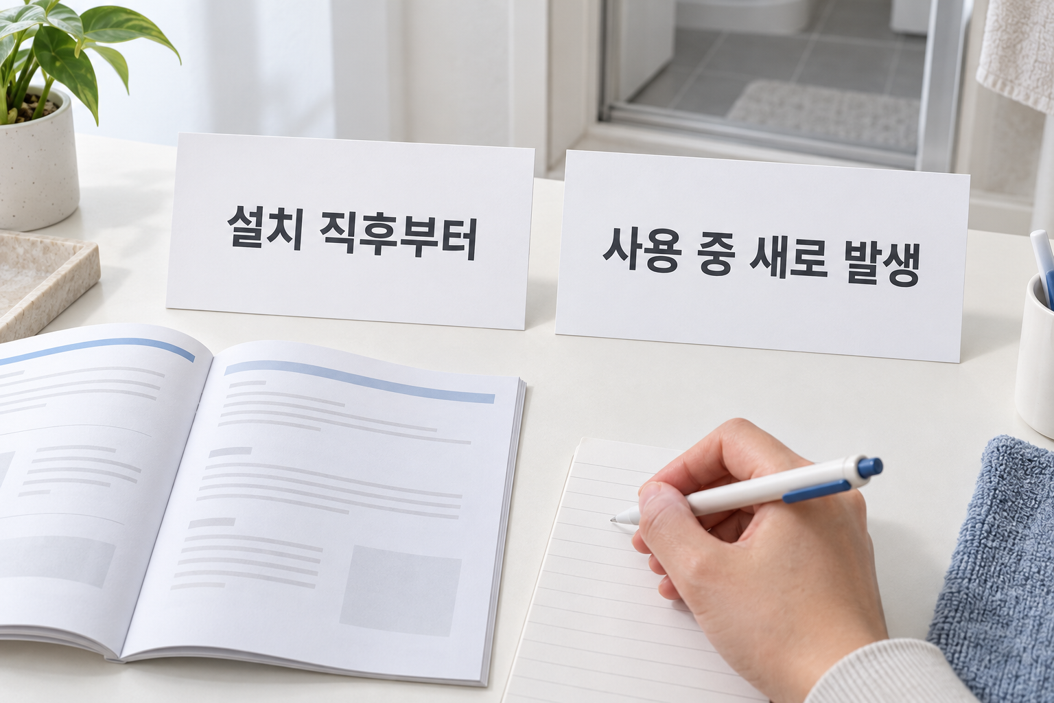 설치 직후와 사용 중 새 발생을 구분해 기록하는 손의 AI 설명용 장면