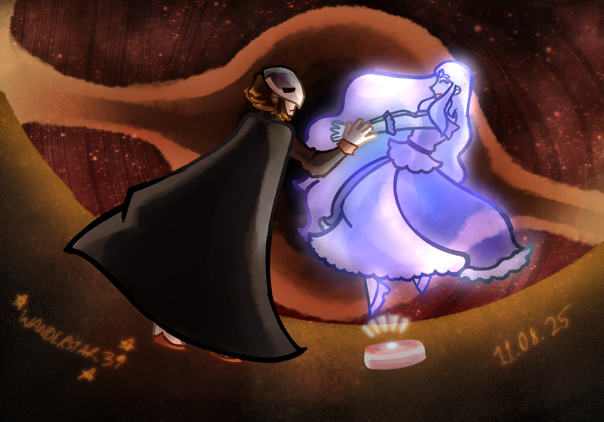 Concept art, featuring the Ringmaster embracing a hologram of Astrid, as he stands in front of a raging black hole