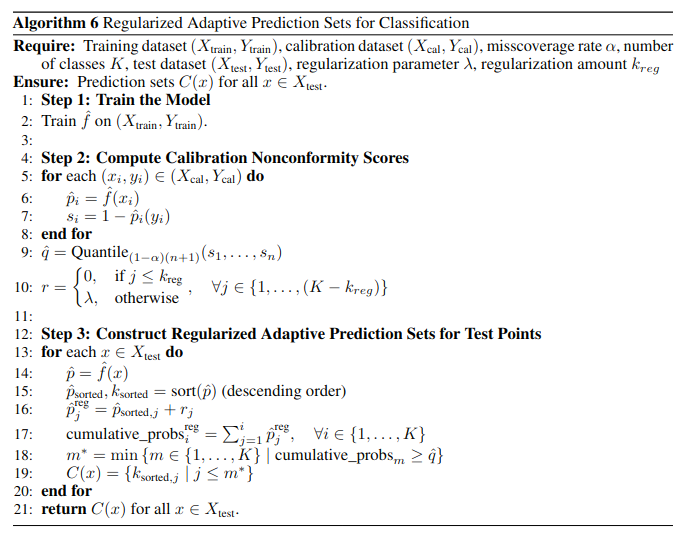 Algorithm for Regularized Adaptive Prediction Sets for Classification
