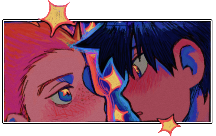 Close-up shot by leunfer on tumblr of Ritsu Kageyama and Shou Suzuki from Mob Psycho. They have their faces up close, both blushing. Stars can be seen in their eyes, the same of which can be seen behind them as well as 2 of the stars coming out of the picture, one at the top and anothert at the bottom.