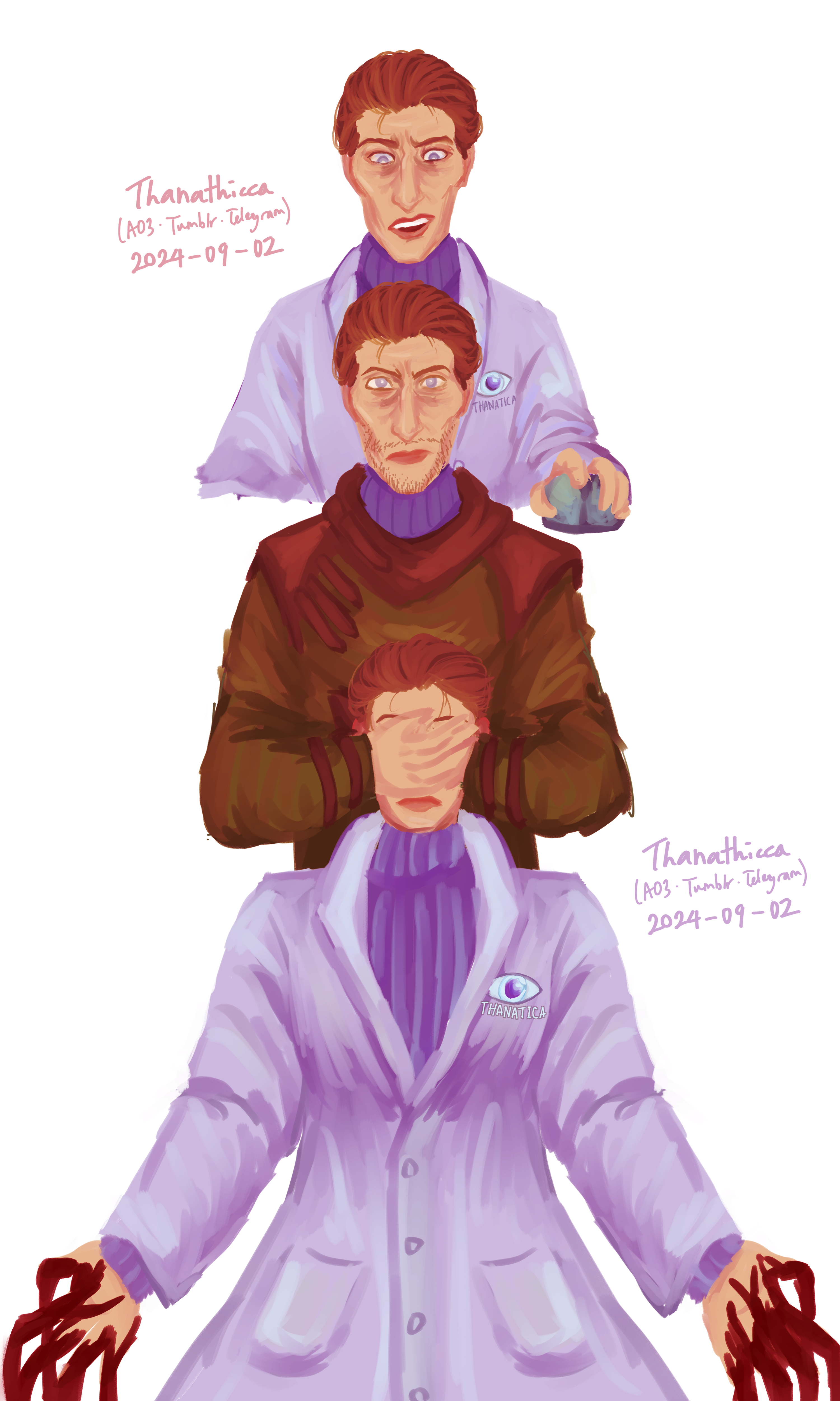 A semi-realistic digital art with a red overlay and painting-style shading. The drawing shows the Haruspex from our AU, who is a trans woman. She looks like canon Pathologic 2 Haruspex, just without the stubble, and she is wearing a blue sweater inside a Thanatica lab coat. On the top is Haruspex holding a mouse with an expression between shock and concern. In the middle is canon Pathologic 2 Haruspex frowning while looking at the camera, his hands closing the eyes of Haruspex at the bottom. At the bottom is AU Haruspex splaying her hands on the side, which drips blood to the bottom of the picture. On the side is our AO3, Tumblr, and Telegram username, 