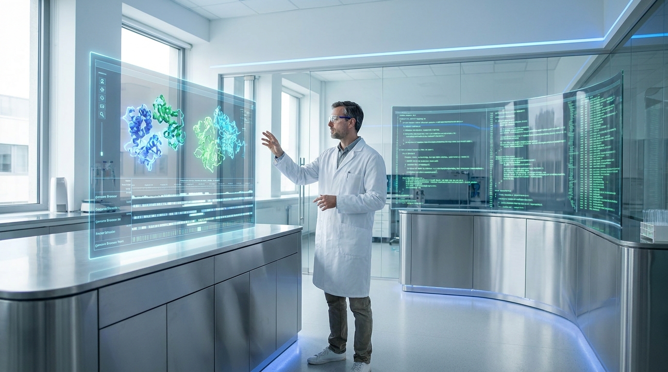 A scientist interacting with a holographic display showing auditable scientific artifacts like 3D protein structures and genome browser tracks generated by Claude Science.