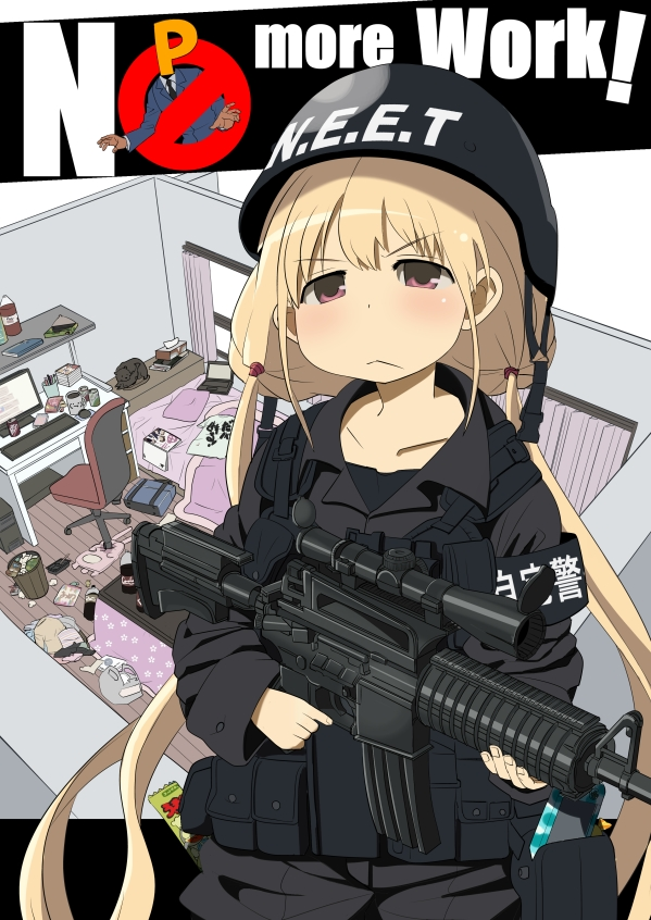 No more work! Girl with N.E.E.T helmet helmet and blonde twintails leading the wageslave resistance. She's holding a cool gun
