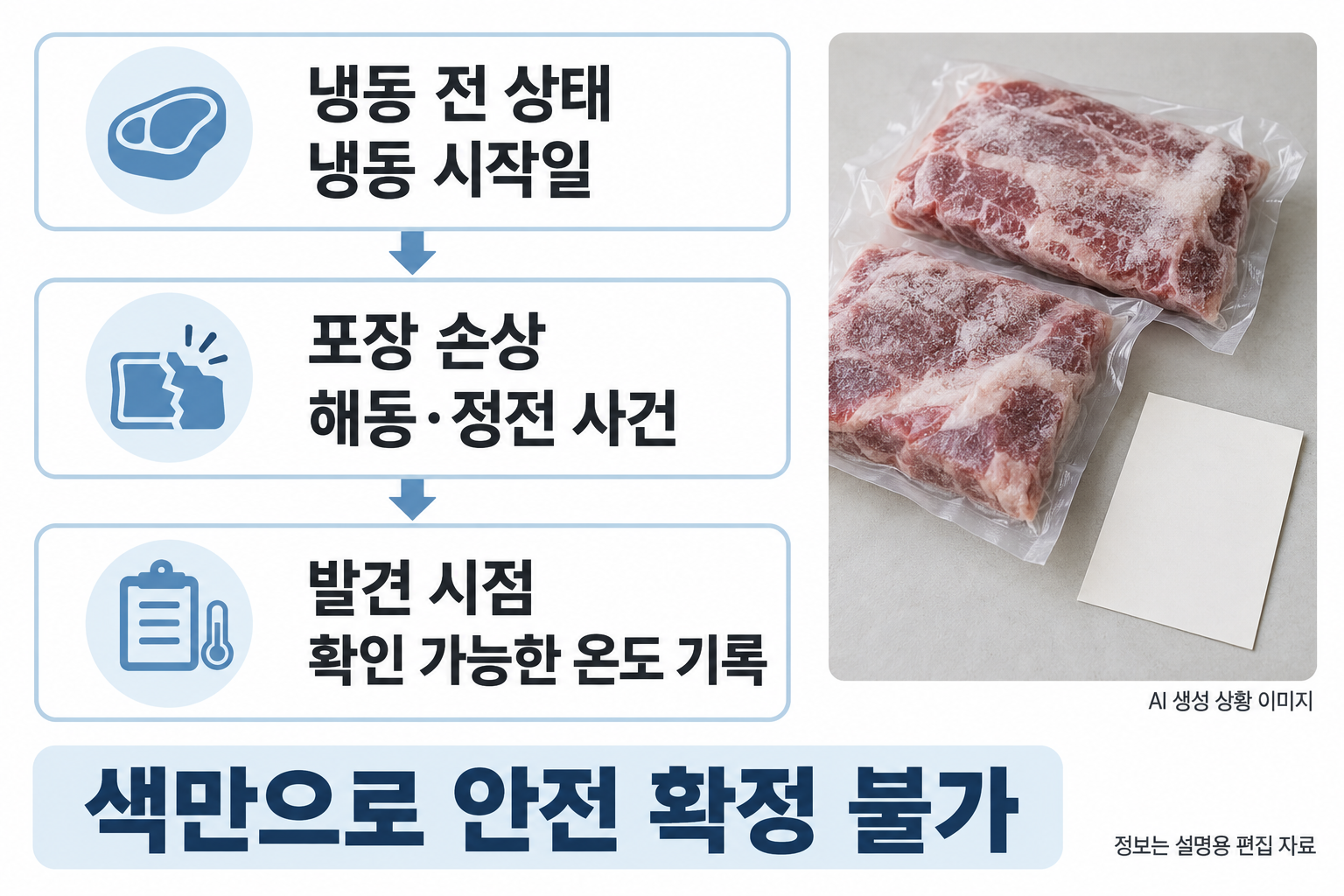보관 이력을 세 큰 묶음으로: 냉동 전 상태·냉동 시작일 / 포장 손상·해동·정전 사건 / 발견 시점·확인 가능한 온도 기록. 옆에 밀봉 포장과 무지 메모 사진. 작은 네 단계 상자와 가짜 기록값 금지. 색만으로 안전 확정 불가를 하단 크게.