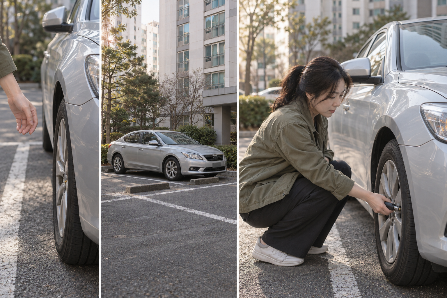 주행 직후 감압을 멈추고 식힌 뒤 공기압을 다시 측정하는 설명용 장면