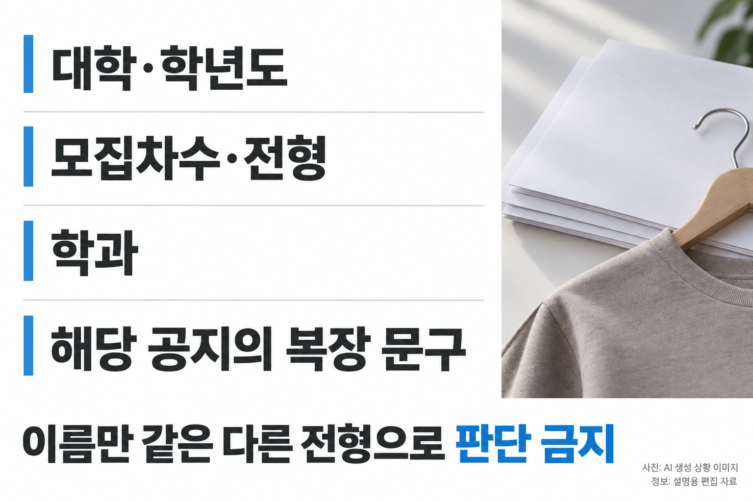 내 전형 공지를 찾는 정보를 네 큰 행으로: 대학·학년도 / 모집차수·전형 / 학과 / 해당 공지의 복장 문구. 작은 여섯 상자 세로 화살표를 제거. 옆에 로고 없는 서류와 옷걸이 사진 일부. 이름만 같은 다른 전형으로 판단 금지를 짧게 크게.