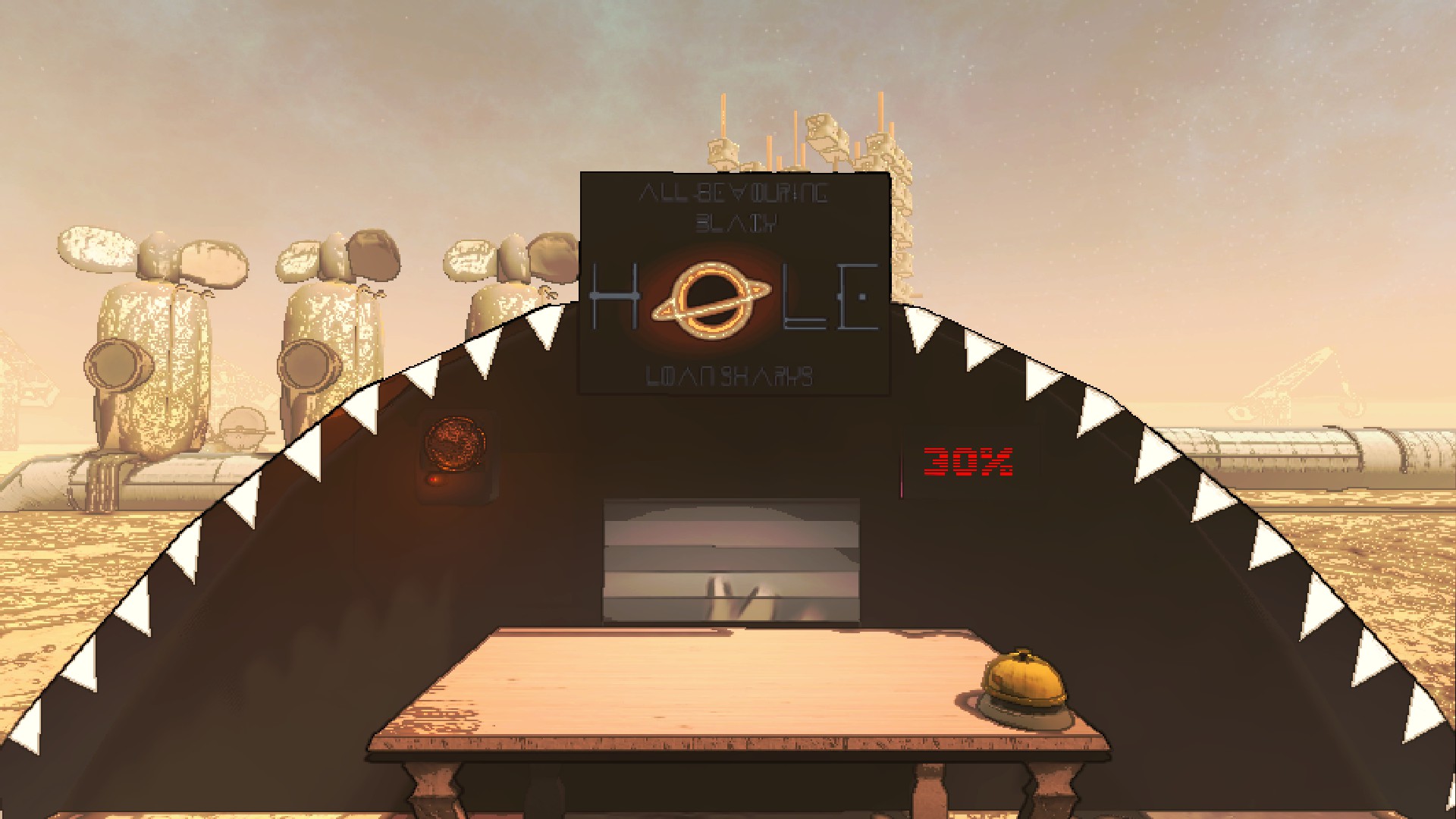 The selling counter. (All-Devouring Black Hole Loan Shark table and window)