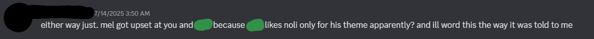 screenshot of friend admitting that melody said on call that i like noli for his "theme"