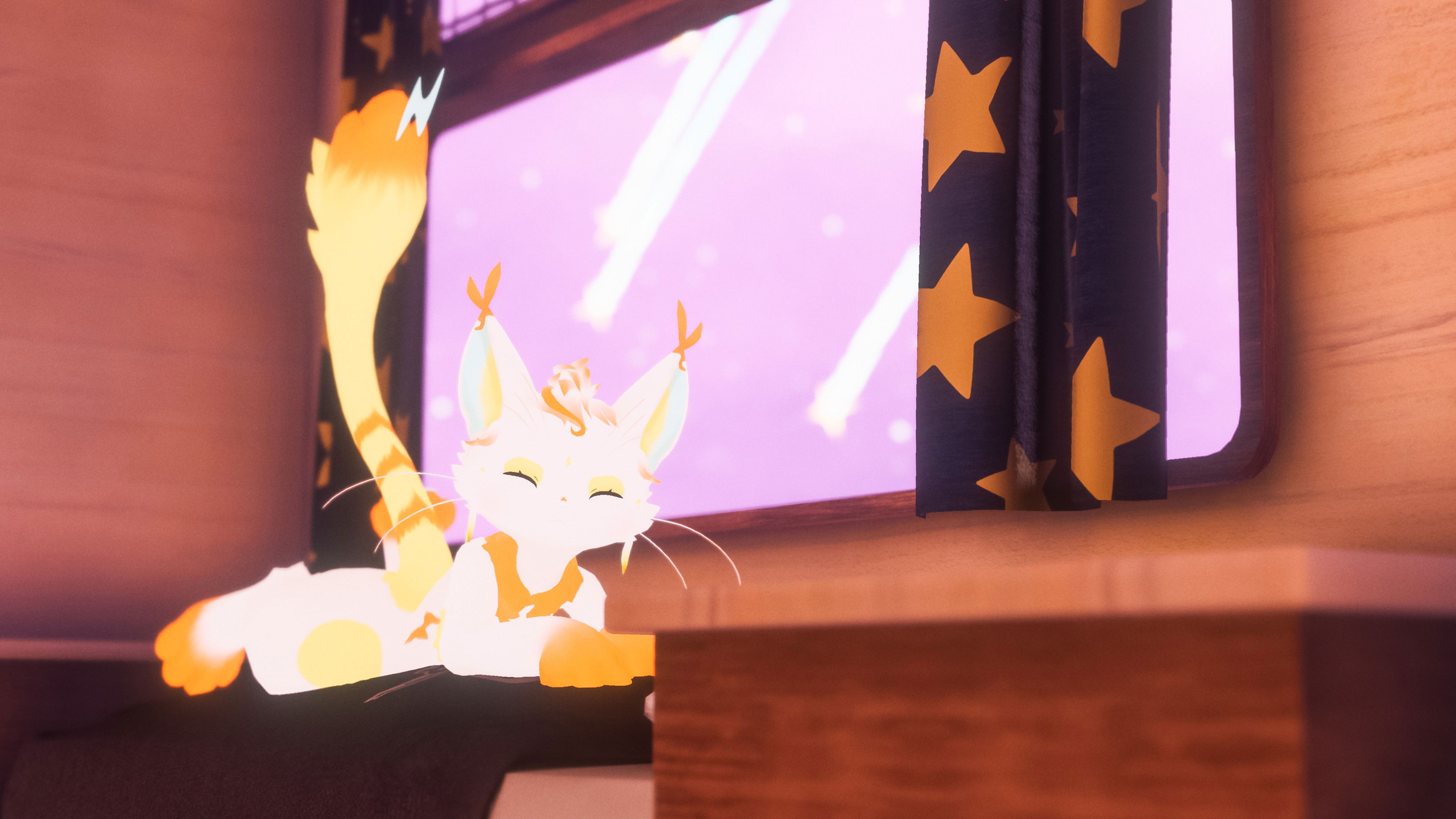 Eggu lying on a bed in a stylized train cabin