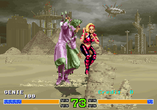 Genie vs Thud in Dark Edge. Unlike a standard 2D fighter, the camera is not side-on to the fighters - Thud is in the foreground and Genie is in the background